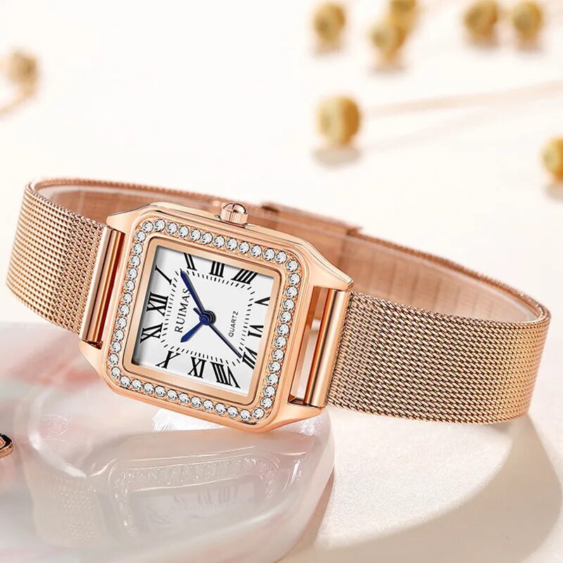 RUIMAS Fashion Stainless Steel Mesh Women Bracelet Watches Luxury Square Ladies Quartz Casual Wristwatches Female Dress Clock