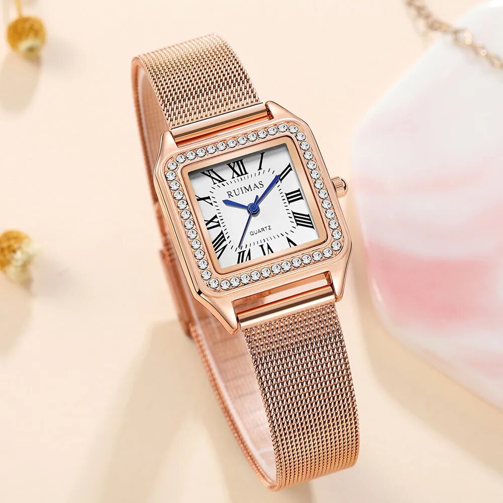 RUIMAS Fashion Stainless Steel Mesh Women Bracelet Watches Luxury Square Ladies Quartz Casual Wristwatches Female Dress Clock