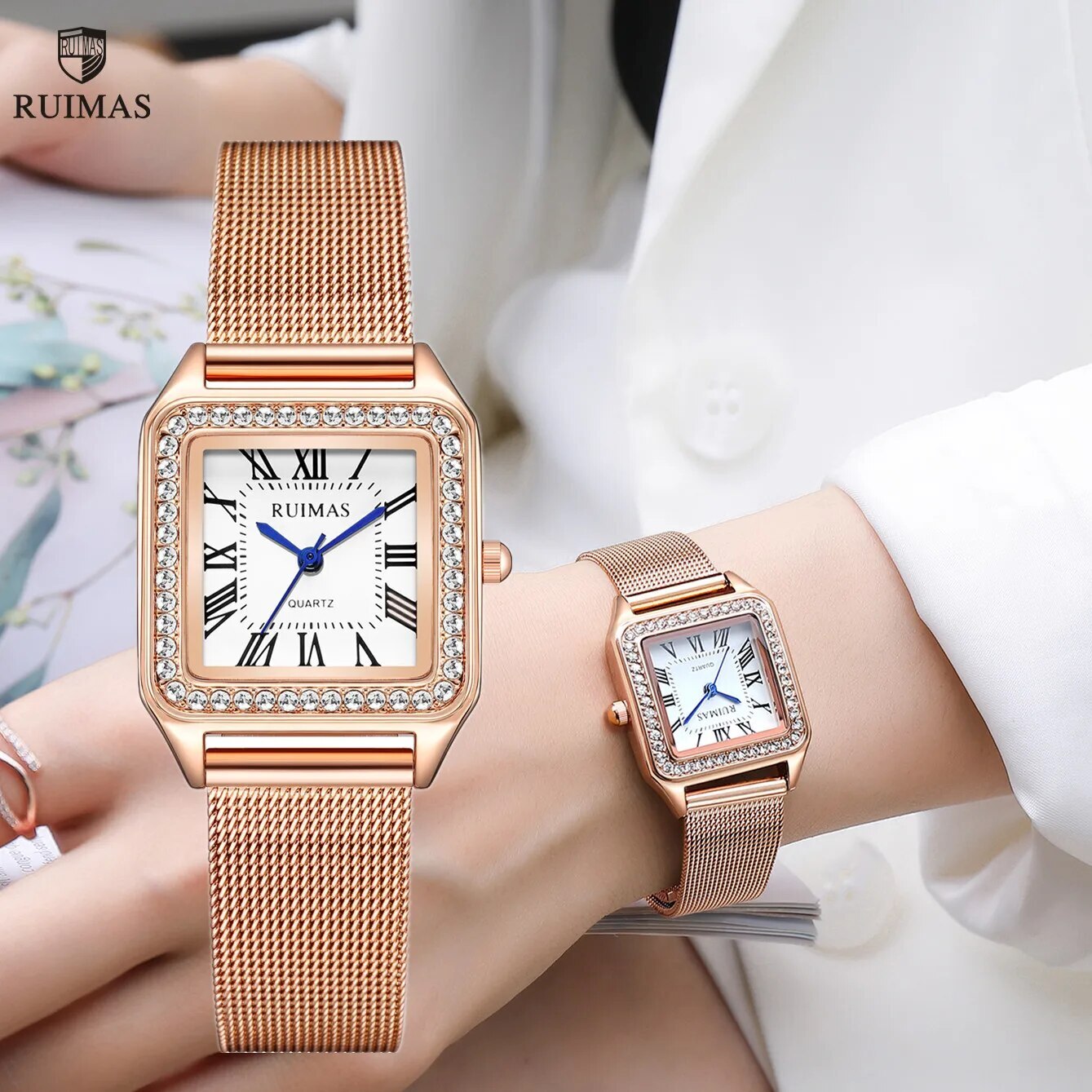 RUIMAS Fashion Stainless Steel Mesh Women Bracelet Watches Luxury Square Ladies Quartz Casual Wristwatches Female Dress Clock