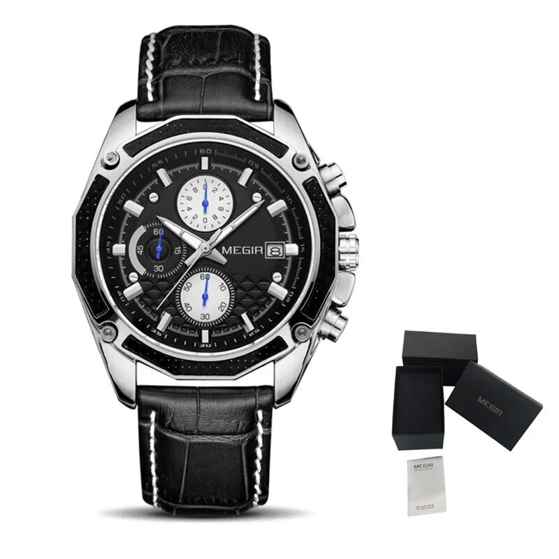 MEGIR Fashion Luxury Sport Watches Luxury Brand Waterproof Leather Chronograph Quartz Military Wristwatch Clock for Men 2015