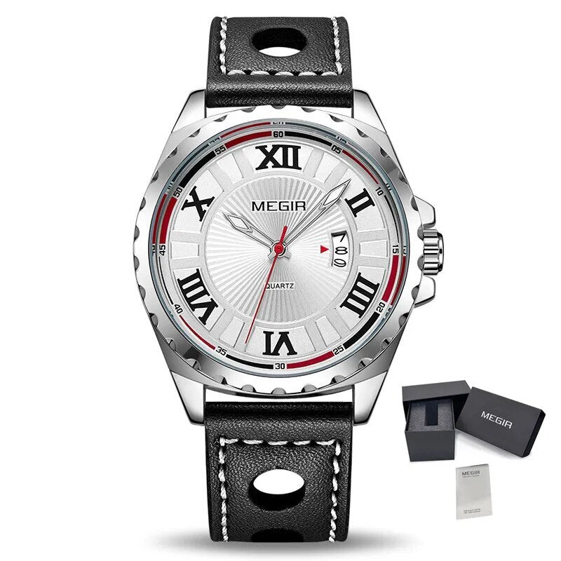 MEGIR Sport Men Watch Top Brand Leather Quartz Watches Man Clock Time Fashion Military Wristwatches Calendar Reloj Hombre 1019