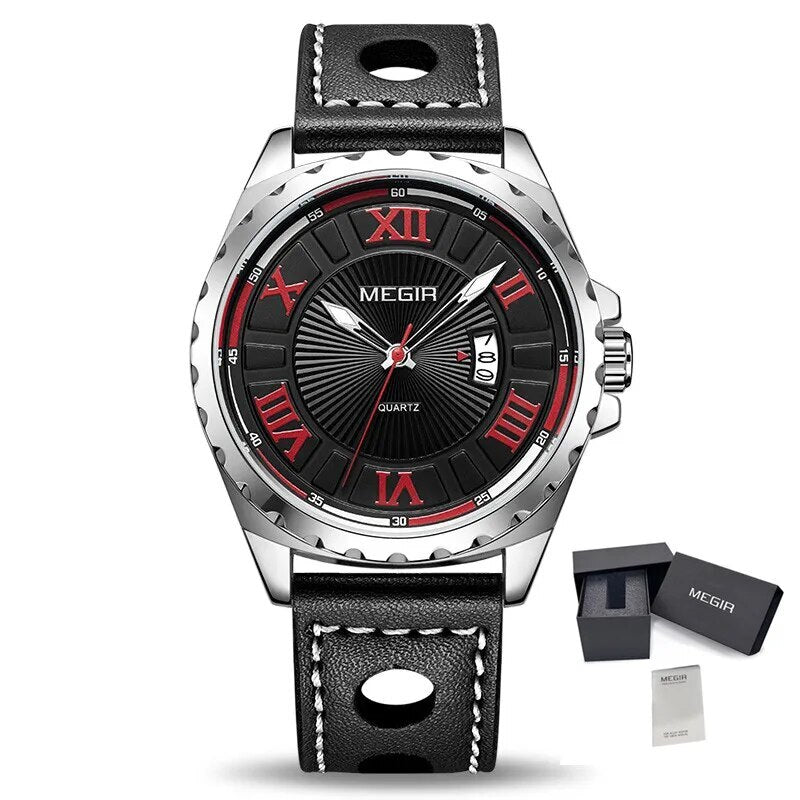 MEGIR Sport Men Watch Top Brand Leather Quartz Watches Man Clock Time Fashion Military Wristwatches Calendar Reloj Hombre 1019