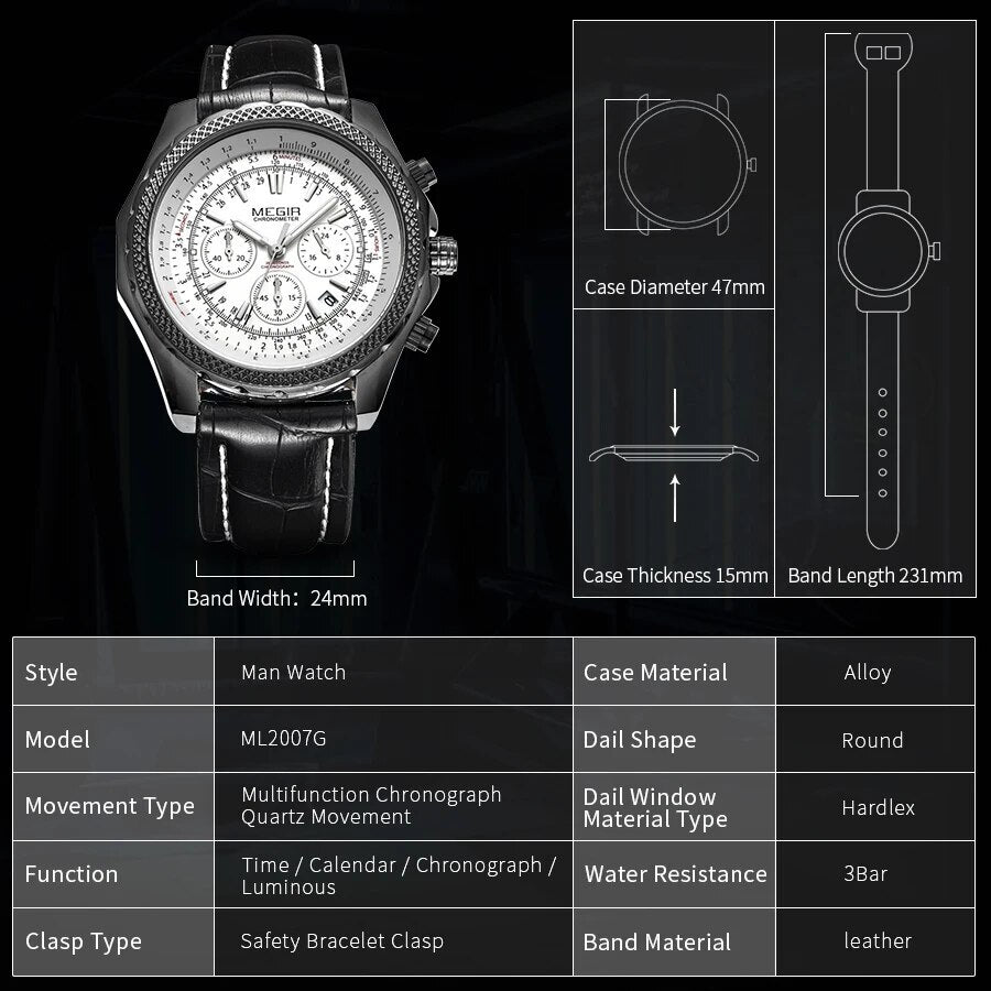 MEGIR Luxury Quartz Wristwatches Fashion Casual Leather Strap Men Sports Watch Large Dial Chronograph Date Clock Montre Homme