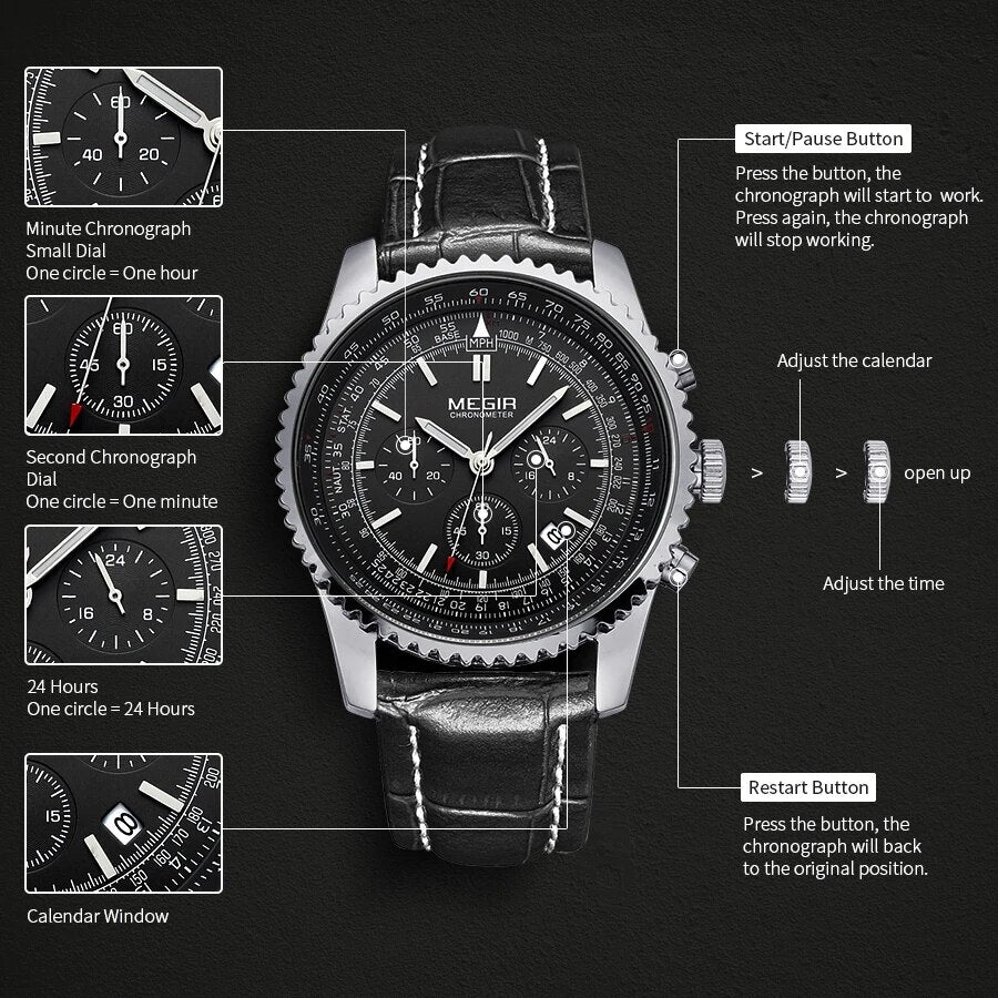 MEGIR Fashion Leather Strap Quartz Watches Waterproof Luminous Men Casual Sport Wristwatch Date Clock Chronograph Reloj Hombre