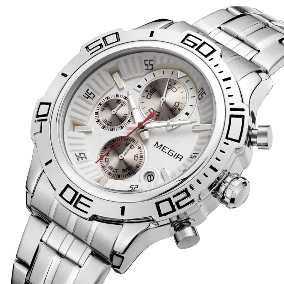 MEGIR Luxury Business Watch for Men Fashion Casual Clock Stainless Steel Calendar Luminous Chronograph Quartz Sport WristWatches