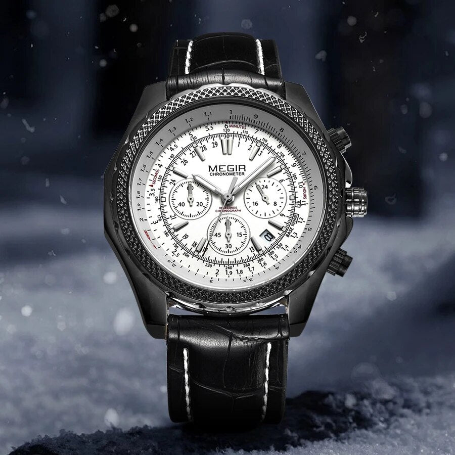 MEGIR Luxury Quartz Wristwatches Fashion Casual Leather Strap Men Sports Watch Large Dial Chronograph Date Clock Montre Homme