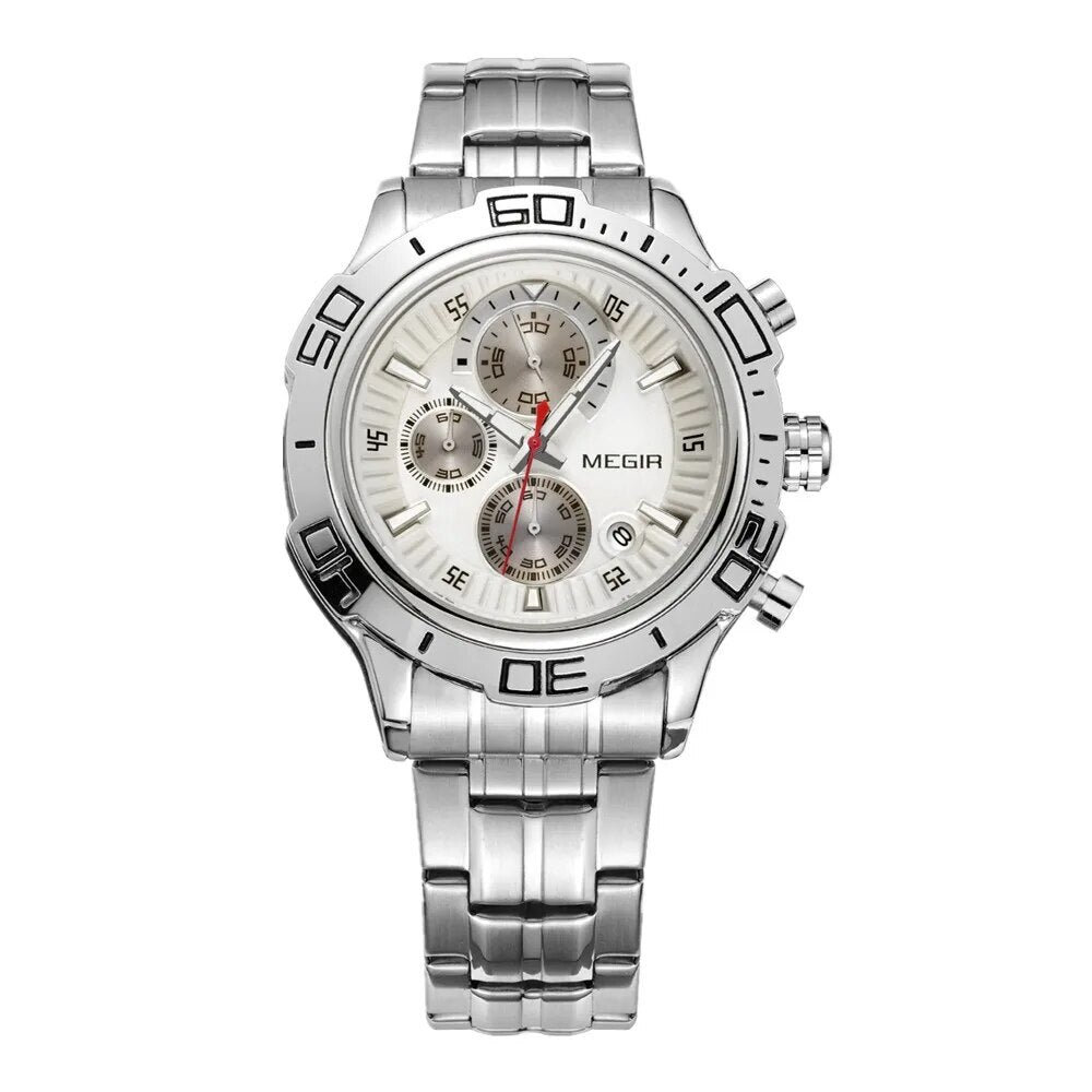MEGIR Luxury Business Watch for Men Fashion Casual Clock Stainless Steel Calendar Luminous Chronograph Quartz Sport WristWatches
