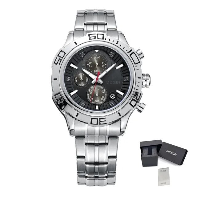 MEGIR Luxury Business Watch for Men Fashion Casual Clock Stainless Steel Calendar Luminous Chronograph Quartz Sport WristWatches