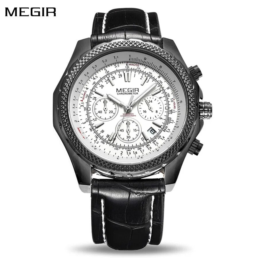MEGIR Luxury Quartz Wristwatches Fashion Casual Leather Strap Men Sports Watch Large Dial Chronograph Date Clock Montre Homme