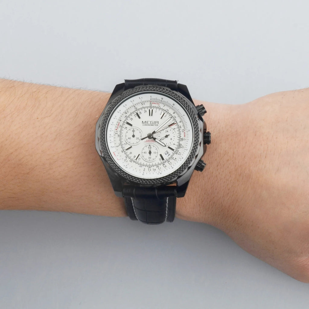 MEGIR Luxury Quartz Wristwatches Fashion Casual Leather Strap Men Sports Watch Large Dial Chronograph Date Clock Montre Homme