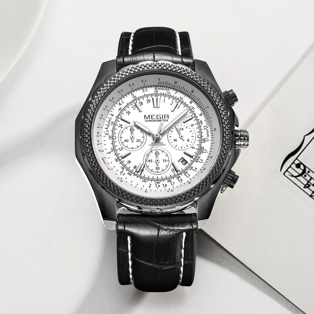 MEGIR Luxury Quartz Wristwatches Fashion Casual Leather Strap Men Sports Watch Large Dial Chronograph Date Clock Montre Homme