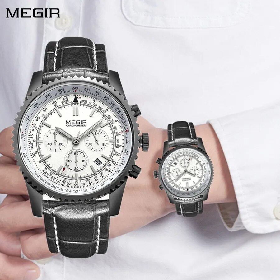MEGIR Fashion Leather Strap Quartz Watches Waterproof Luminous Men Casual Sport Wristwatch Date Clock Chronograph Reloj Hombre