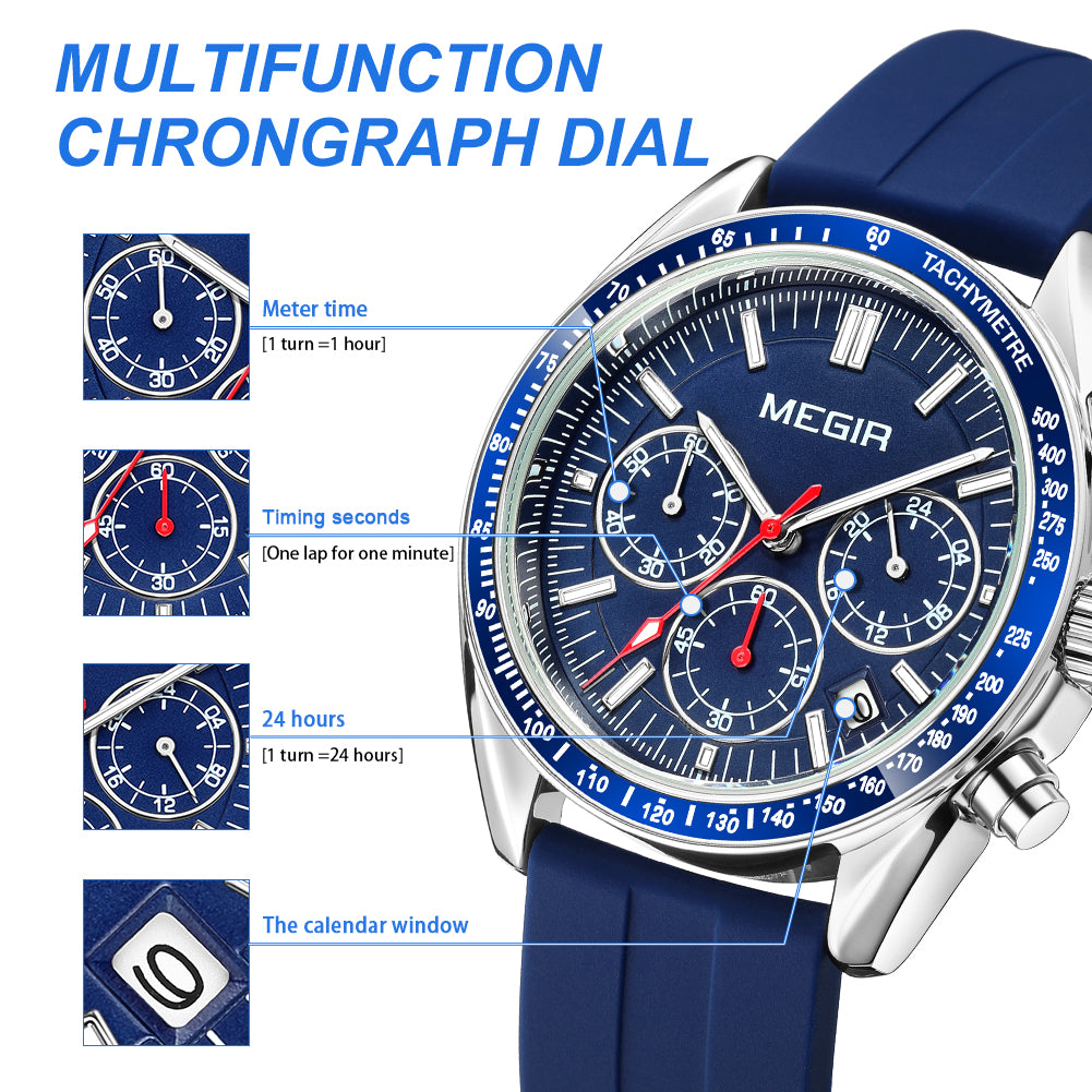 MEGIR Analog Quartz Wrist Watch Chronograph Luminous Business Sport Watches with Silicone Strap Calendar Man Clock reloj hombre