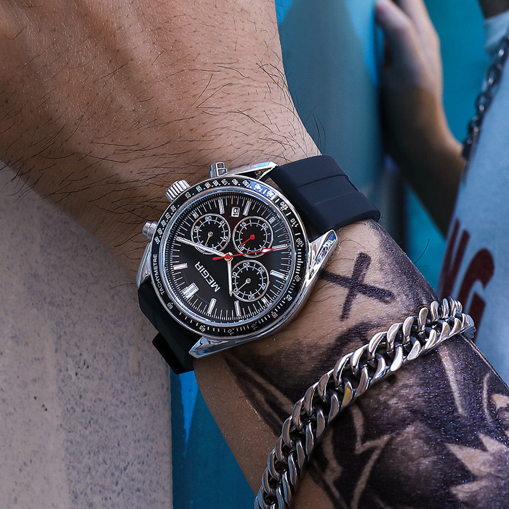 MEGIR Analog Quartz Wrist Watch Chronograph Luminous Business Sport Watches with Silicone Strap Calendar Man Clock reloj hombre