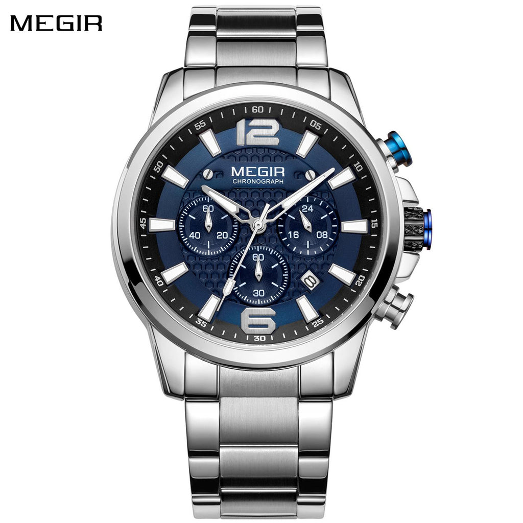 MEGIR Men's Quartz Wrist Watch Stainless Steel Band Chronograph Watches Luminous Waterproof Wristwatch Man Clock Military Watch