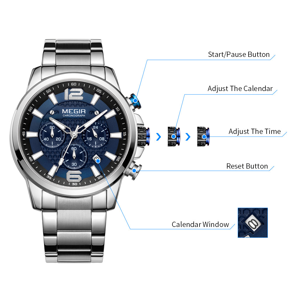 MEGIR Men's Quartz Wrist Watch Stainless Steel Band Chronograph Watches Luminous Waterproof Wristwatch Man Clock Military Watch
