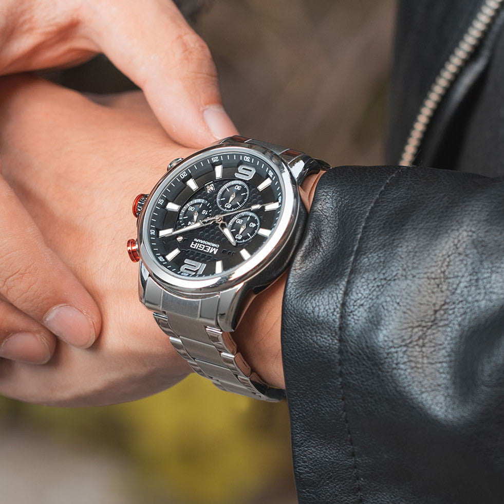 MEGIR Men's Quartz Wrist Watch Stainless Steel Band Chronograph Watches Luminous Waterproof Wristwatch Man Clock Military Watch