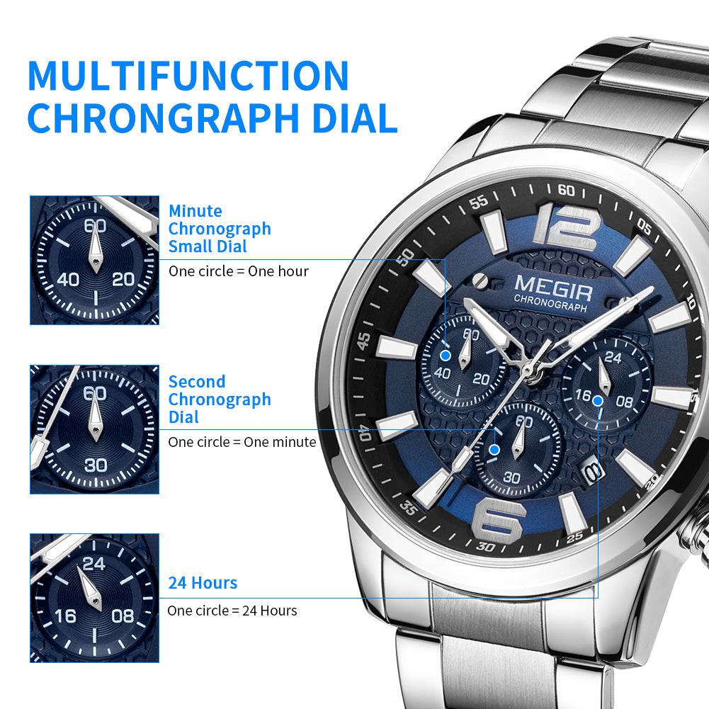 MEGIR Men's Quartz Wrist Watch Stainless Steel Band Chronograph Watches Luminous Waterproof Wristwatch Man Clock Military Watch