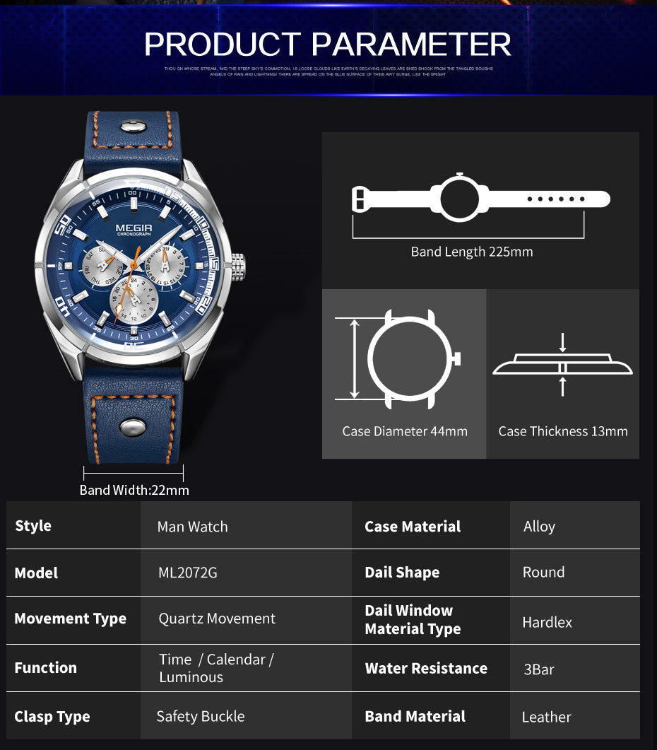 MEGIR Brand Quartz Men Watch Relogio Masculino Leather Strap Military Business Wrist Watches Men Clock Hour Time Man Chronograph