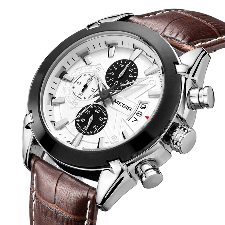 MEGIR Men Watches Original Fashion Leather Quartz Wristwatch Top Brand Military Chronograph Big Dial Sports Clock Reloj Hombre