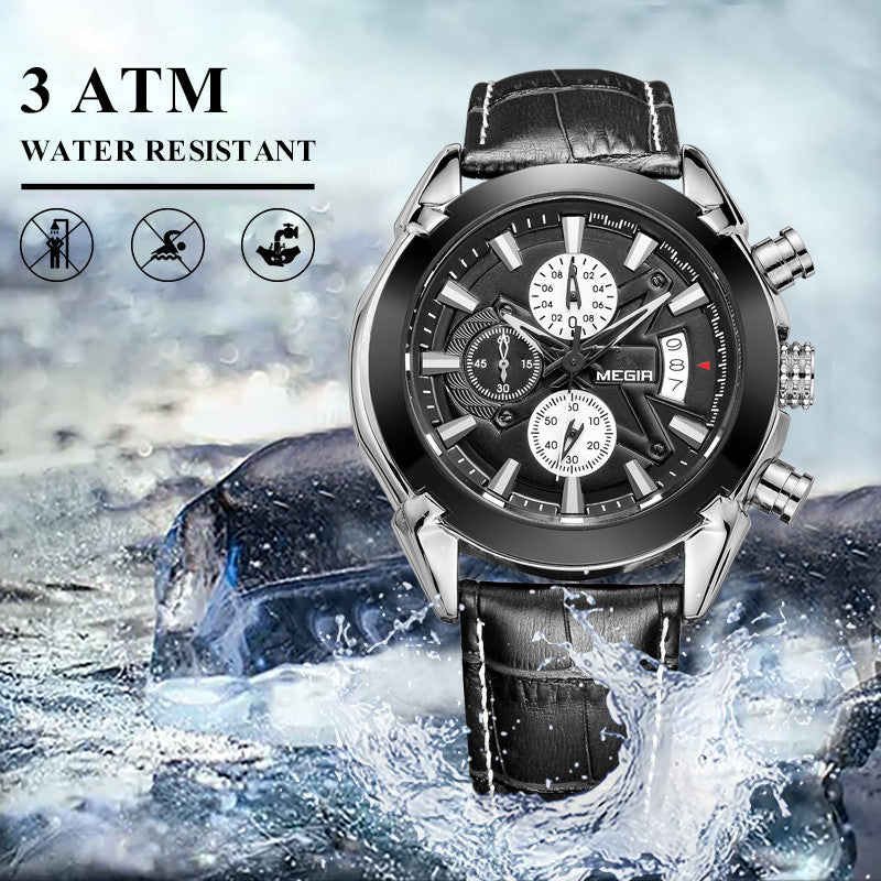 MEGIR Men Watches Original Fashion Leather Quartz Wristwatch Top Brand Military Chronograph Big Dial Sports Clock Reloj Hombre