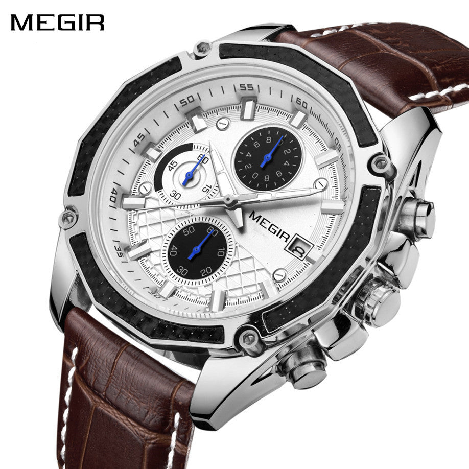 MEGIR Fashion Luxury Sport Watches Luxury Brand Waterproof Leather Chronograph Quartz Military Wristwatch Clock for Men 2015