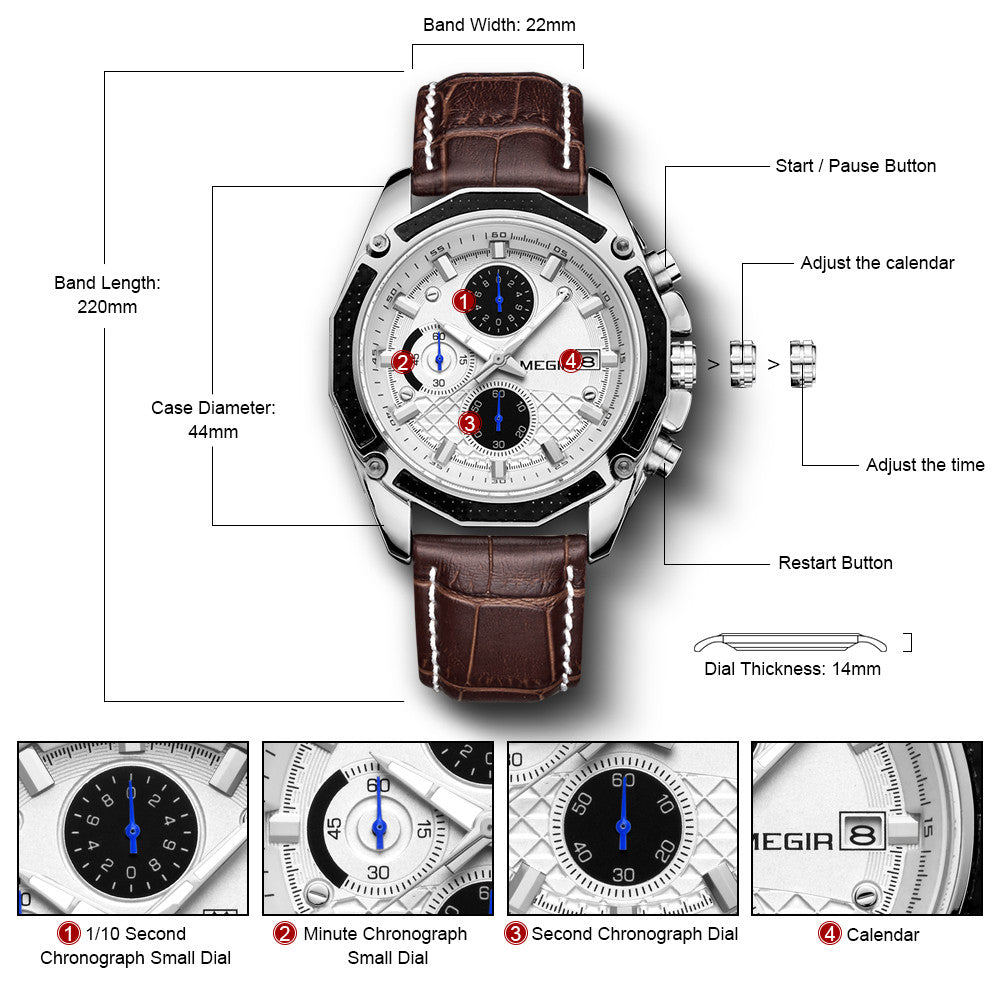 MEGIR Fashion Luxury Sport Watches Luxury Brand Waterproof Leather Chronograph Quartz Military Wristwatch Clock for Men 2015