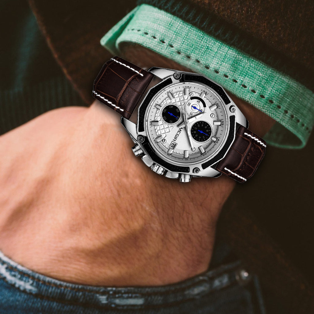 MEGIR Fashion Luxury Sport Watches Luxury Brand Waterproof Leather Chronograph Quartz Military Wristwatch Clock for Men 2015