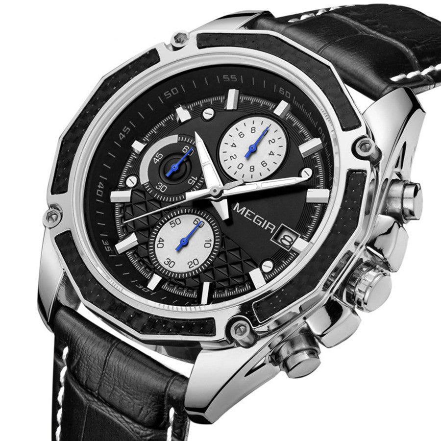 MEGIR Fashion Luxury Sport Watches Luxury Brand Waterproof Leather Chronograph Quartz Military Wristwatch Clock for Men 2015