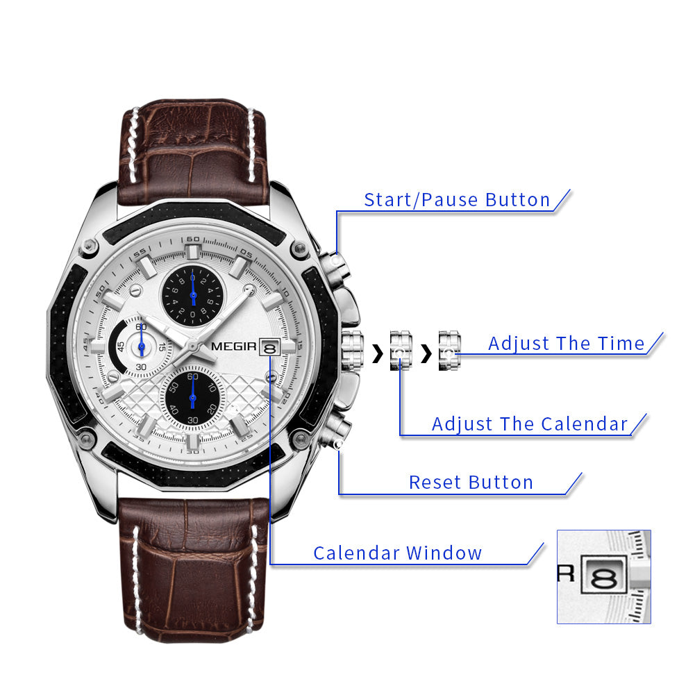 MEGIR Fashion Luxury Sport Watches Luxury Brand Waterproof Leather Chronograph Quartz Military Wristwatch Clock for Men 2015
