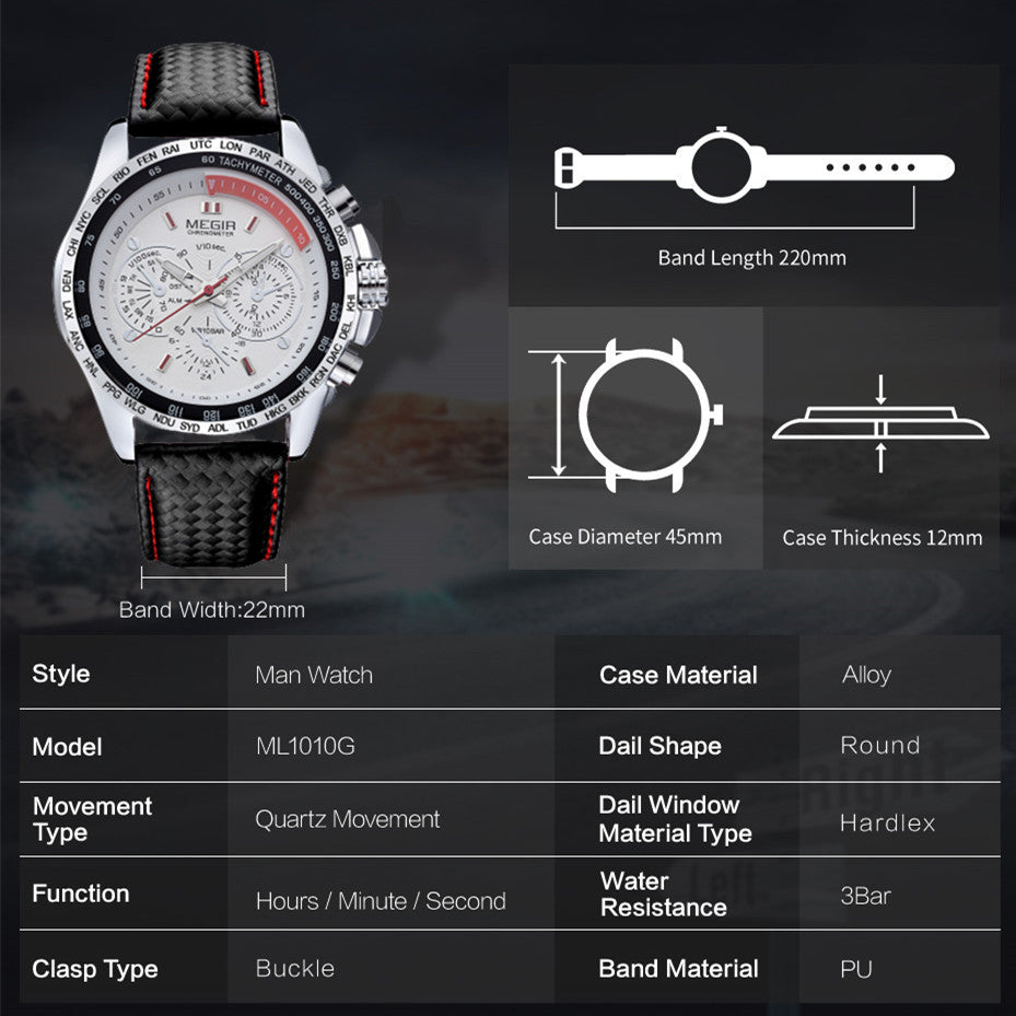 MEGIR Men's Original Sport Watches Leather Strap Quartz Military Waterproof Wristwatch Male Clock Reloj Hombre