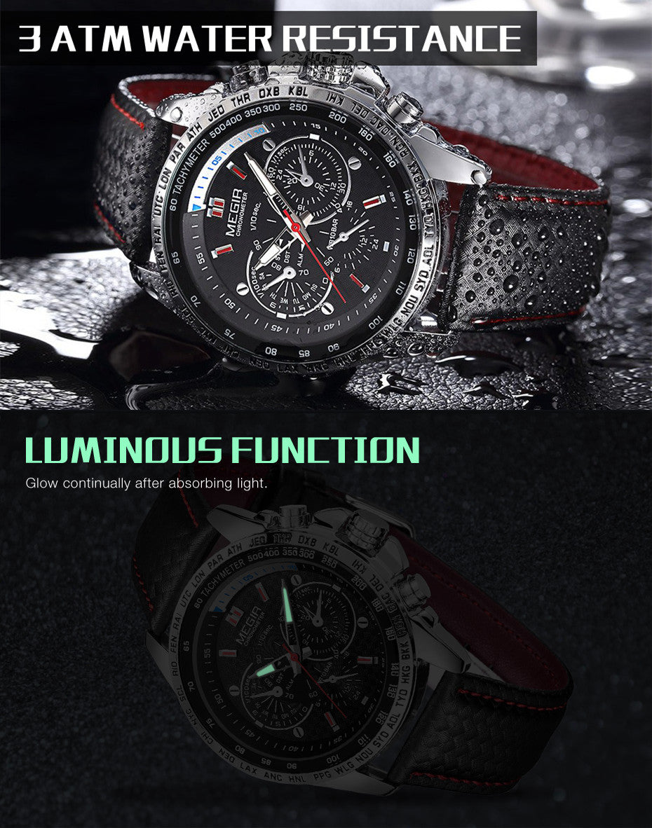 MEGIR Men's Original Sport Watches Leather Strap Quartz Military Waterproof Wristwatch Male Clock Reloj Hombre