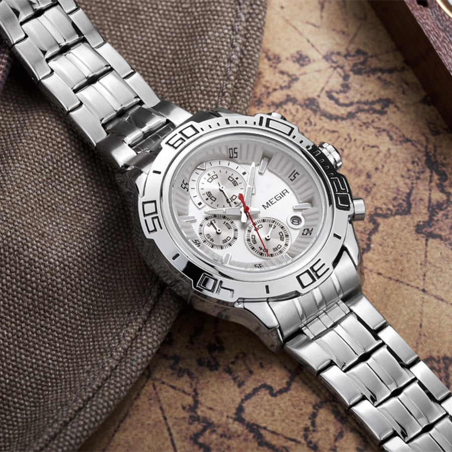 MEGIR Luxury Business Watch for Men Fashion Casual Clock Stainless Steel Calendar Luminous Chronograph Quartz Sport WristWatches