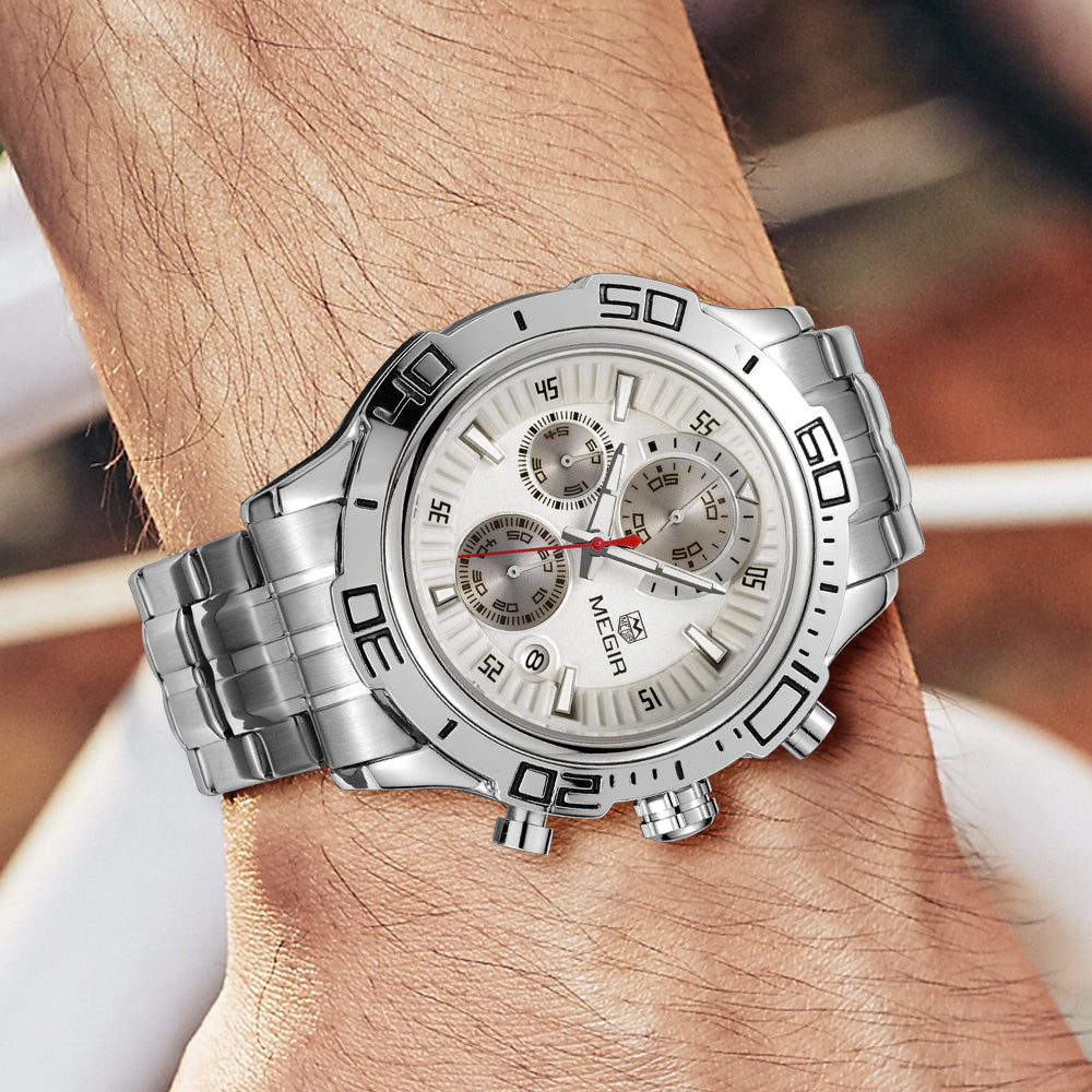 MEGIR Luxury Business Watch for Men Fashion Casual Clock Stainless Steel Calendar Luminous Chronograph Quartz Sport WristWatches