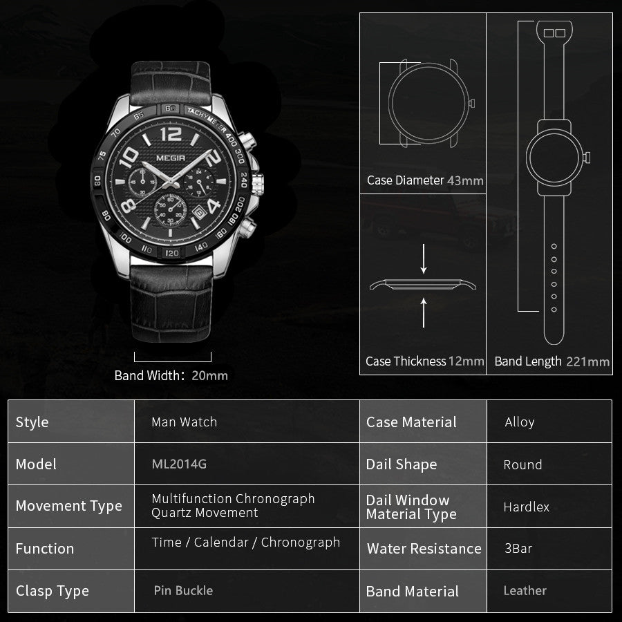 MEGIR Men Watch Top Brand Luxury Quartz Watches Waterproof Calendar Sport Wristwatch Leather Man Clock Chronograph Reloj Hombre 2014