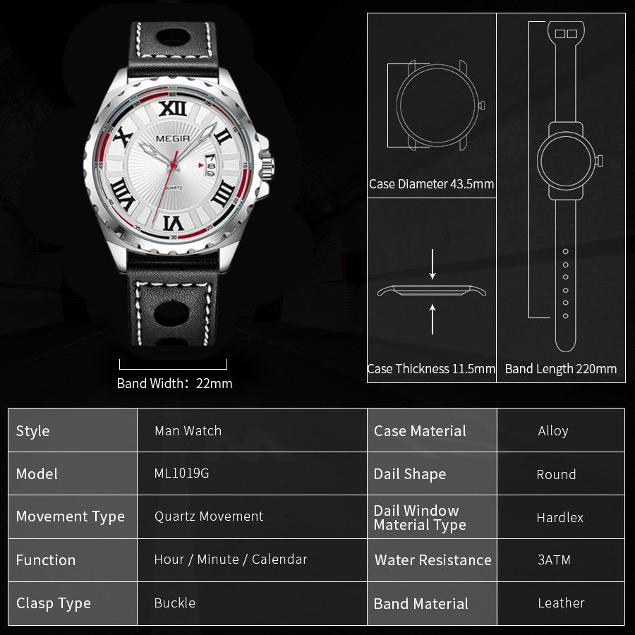 MEGIR Sport Men Watch Top Brand Leather Quartz Watches Man Clock Time Fashion Military Wristwatches Calendar Reloj Hombre 1019