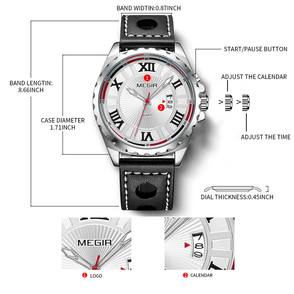 MEGIR Sport Men Watch Top Brand Leather Quartz Watches Man Clock Time Fashion Military Wristwatches Calendar Reloj Hombre 1019