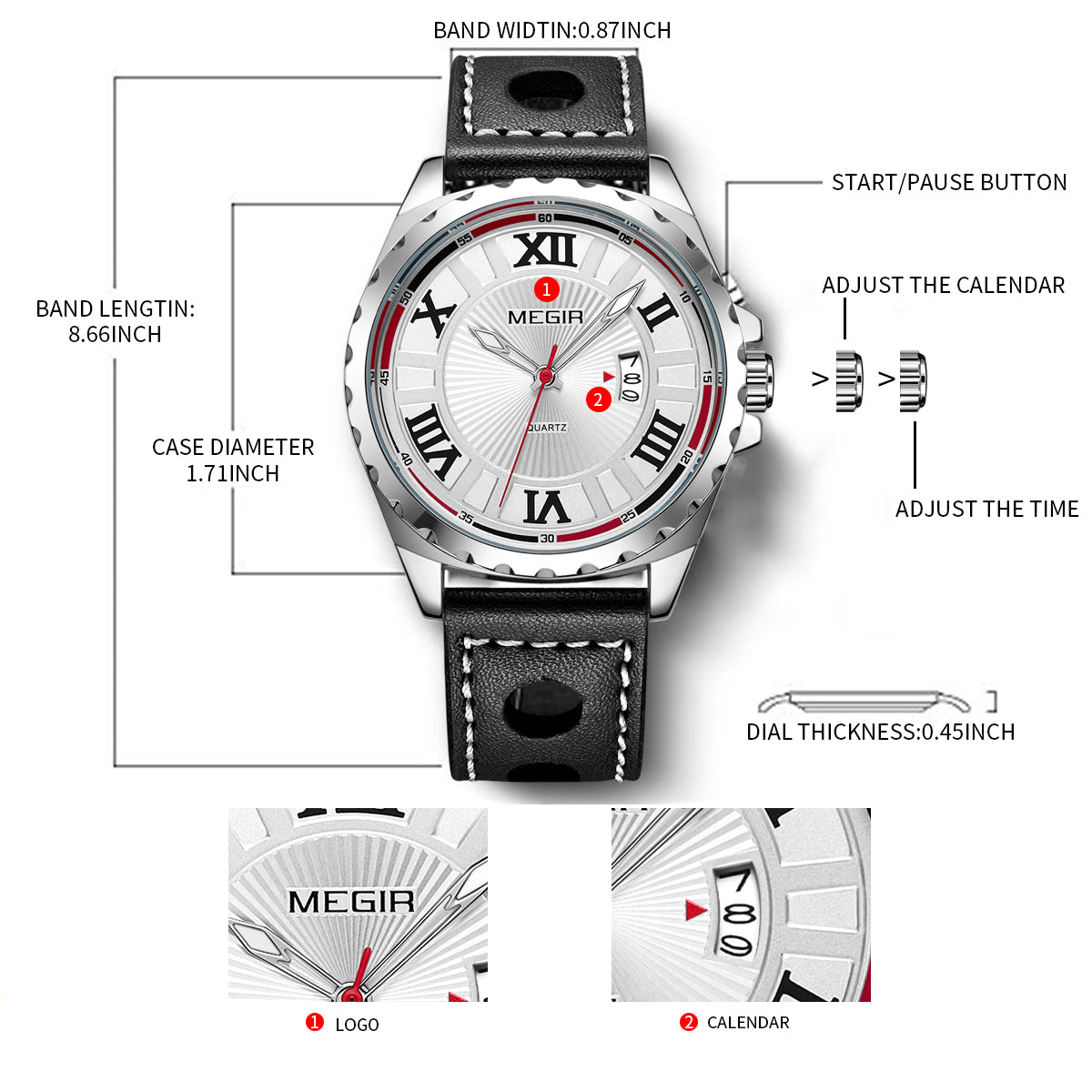 MEGIR Sport Men Watch Top Brand Leather Quartz Watches Man Clock Time Fashion Military Wristwatches Calendar Reloj Hombre 1019