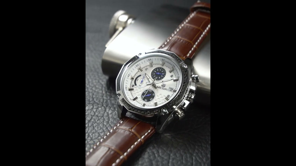 MEGIR Fashion Luxury Sport Watches Luxury Brand Waterproof Leather Chronograph Quartz Military Wristwatch Clock for Men 2015