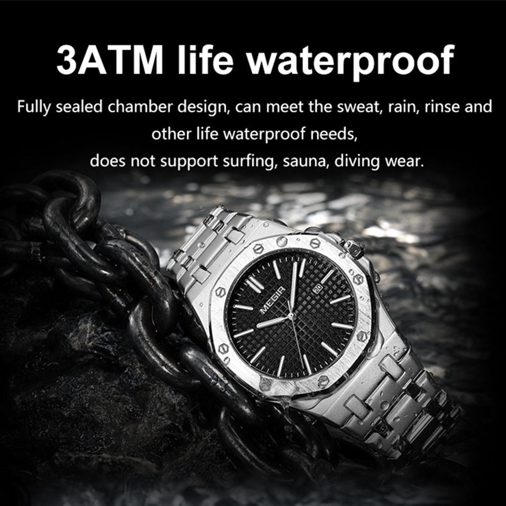 MEGIR Stainless Steel Bracelet Watch for Men Luxury Business Calendar Watches Waterproof Quartz Wristwatch Men Gift Clock 1085