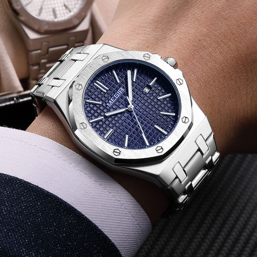 MEGIR Stainless Steel Bracelet Watch for Men Luxury Business Calendar Watches Waterproof Quartz Wristwatch Men Gift Clock 1085