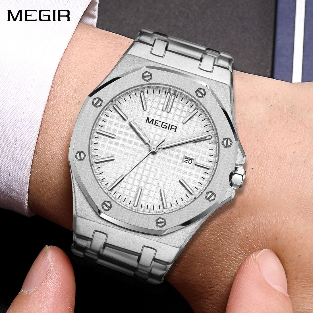 MEGIR Stainless Steel Bracelet Watch for Men Luxury Business Calendar Watches Waterproof Quartz Wristwatch Men Gift Clock 1085