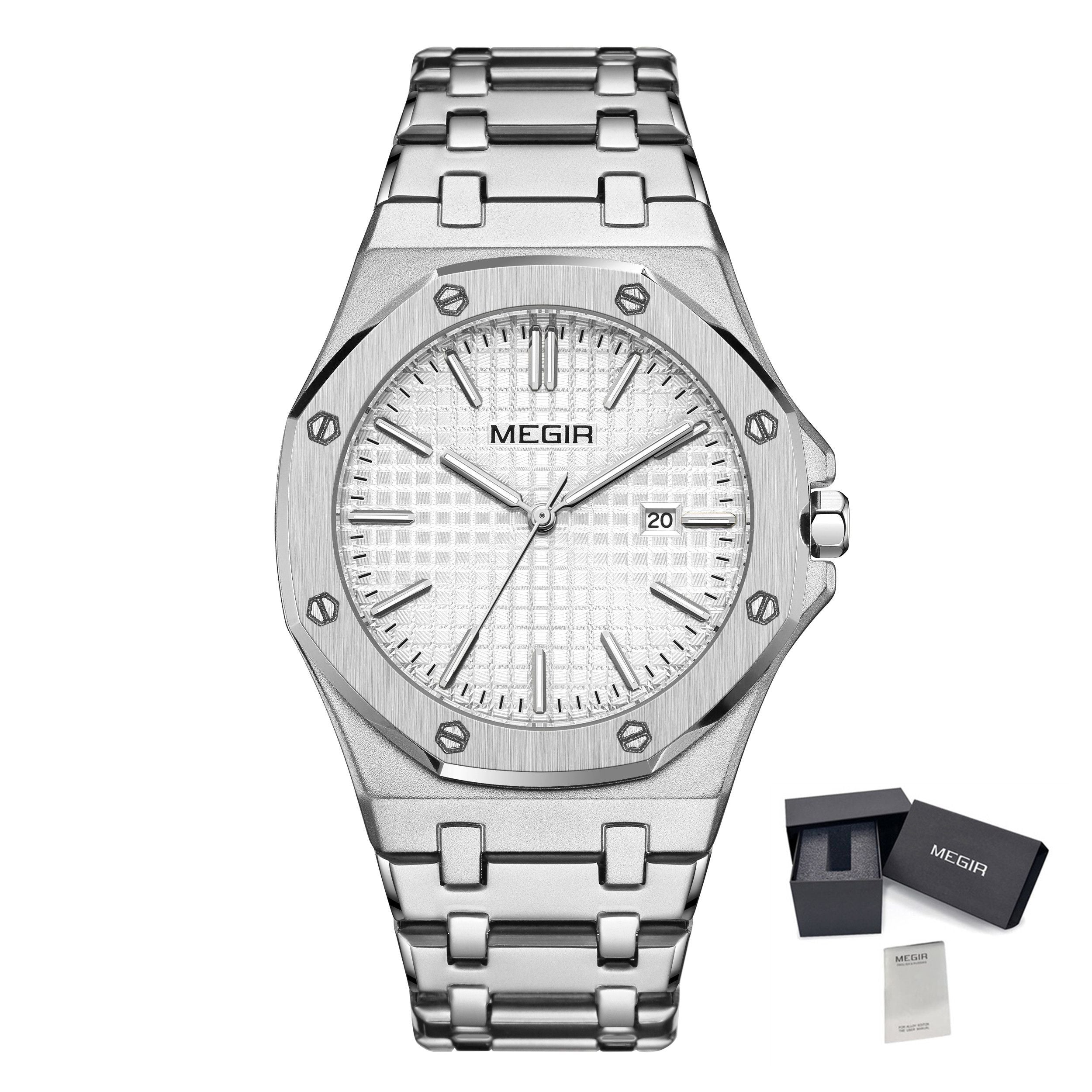 MEGIR Stainless Steel Bracelet Watch for Men Luxury Business Calendar Watches Waterproof Quartz Wristwatch Men Gift Clock 1085