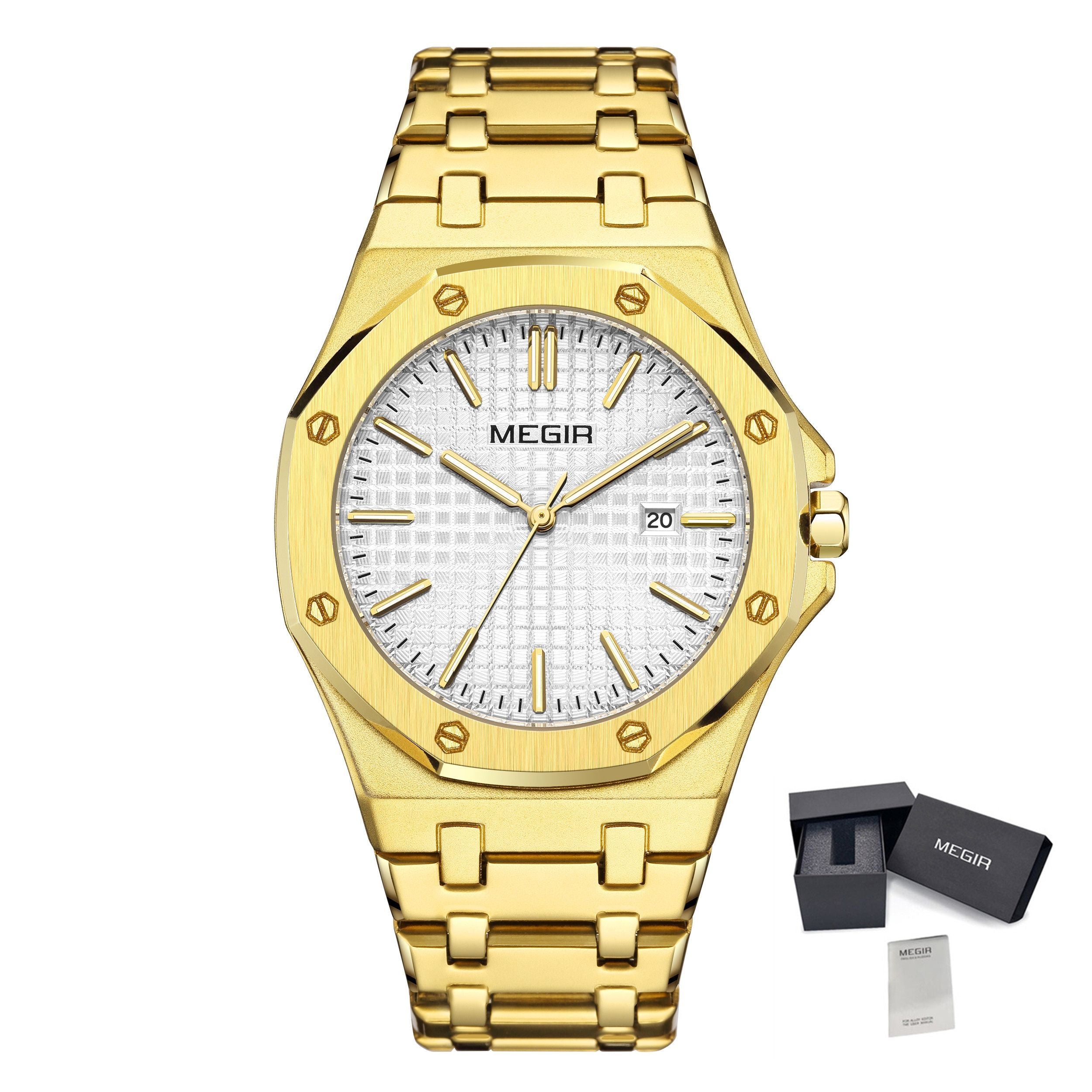 MEGIR Stainless Steel Bracelet Watch for Men Luxury Business Calendar Watches Waterproof Quartz Wristwatch Men Gift Clock 1085