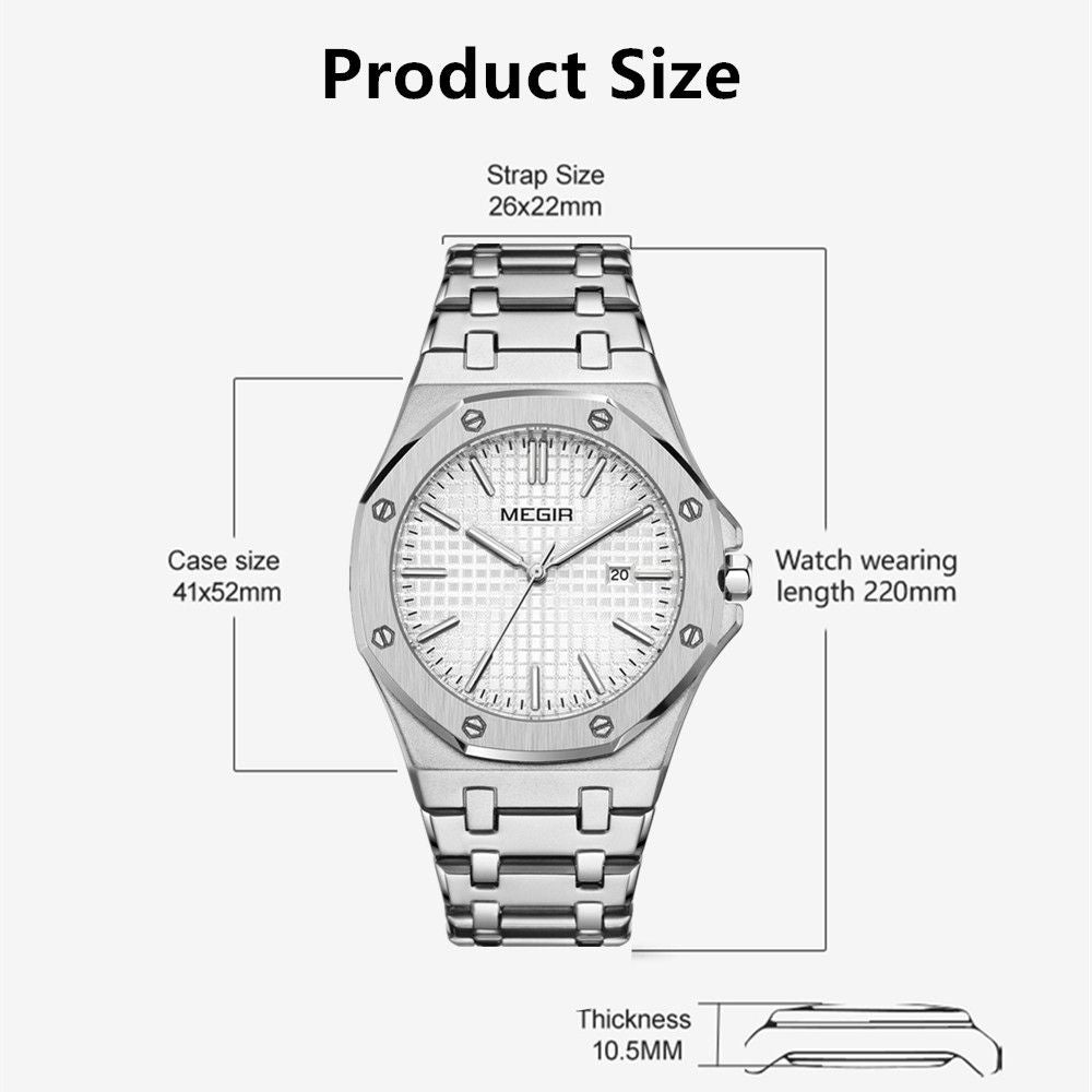 MEGIR Stainless Steel Bracelet Watch for Men Luxury Business Calendar Watches Waterproof Quartz Wristwatch Men Gift Clock 1085