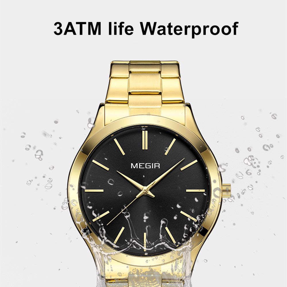 MEGIR Luxury Design Quartz Watch for Men Waterproof Business Full Black Stainless Steel Strap Wrist Watches Reloj Hombre 1096