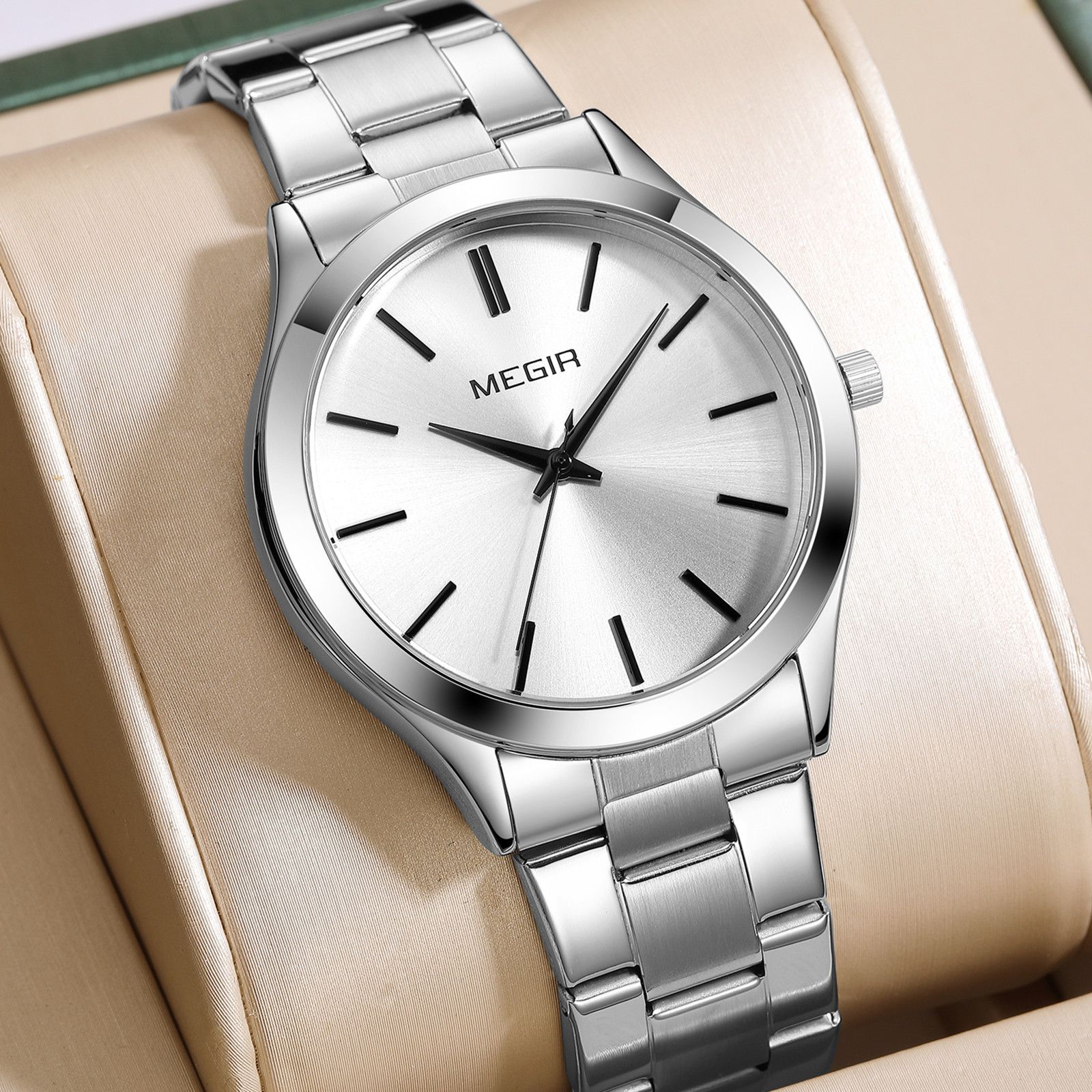 MEGIR Luxury Design Quartz Watch for Men Waterproof Business Full Black Stainless Steel Strap Wrist Watches Reloj Hombre 1096