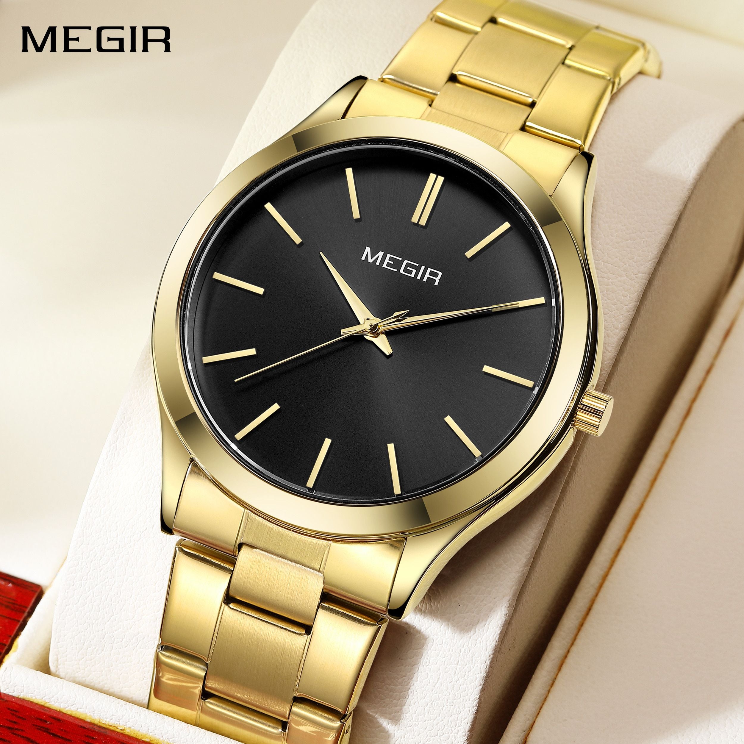 MEGIR Luxury Design Quartz Watch for Men Waterproof Business Full Black Stainless Steel Strap Wrist Watches Reloj Hombre 1096