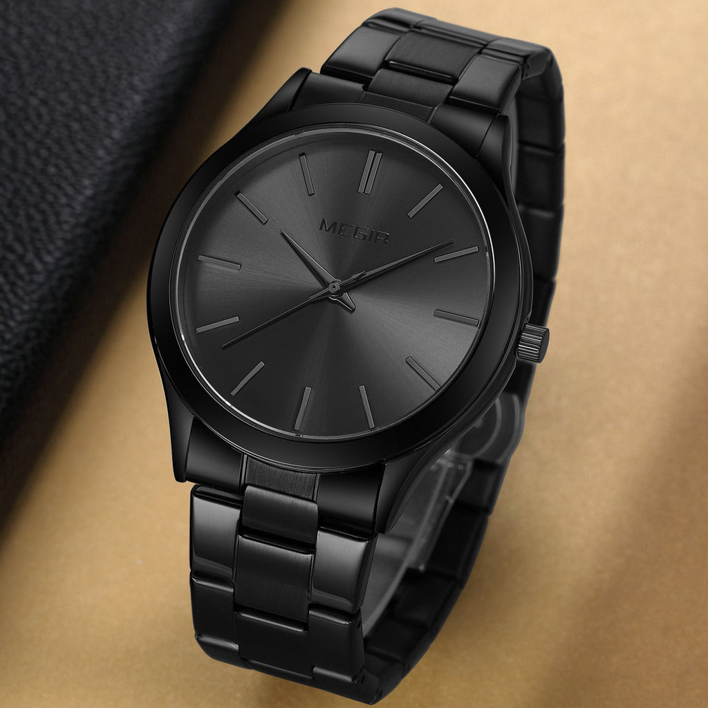 MEGIR Luxury Design Quartz Watch for Men Waterproof Business Full Black Stainless Steel Strap Wrist Watches Reloj Hombre 1096