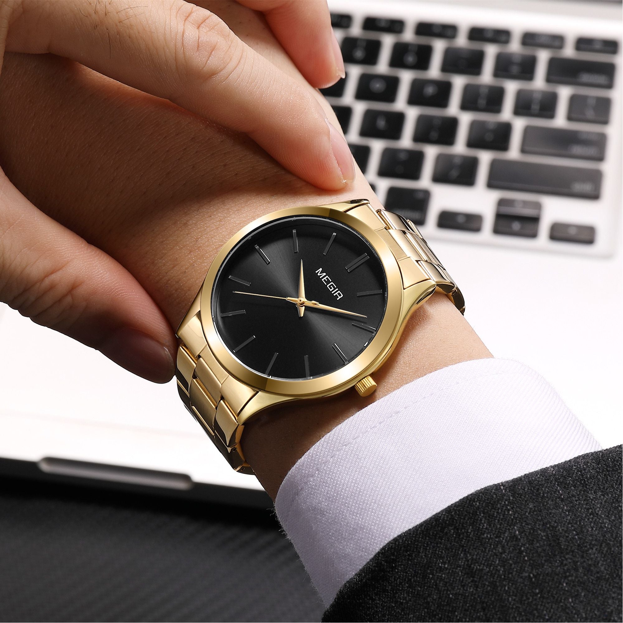 MEGIR Luxury Design Quartz Watch for Men Waterproof Business Full Black Stainless Steel Strap Wrist Watches Reloj Hombre 1096